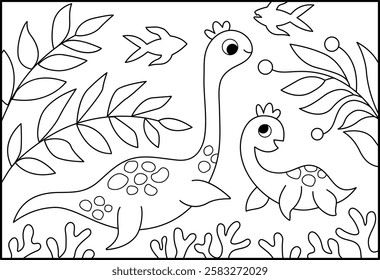 Vector horizontal black and white scene with swimming plesiosaur and his baby. Mother and child water dinosaur landscape line illustration. Cute prehistoric coloring page with sea, seaweed
