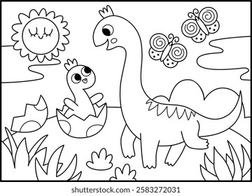 Vector horizontal black and white scene with brachiosaur and baby hatching from egg. Dinosaur line landscape illustration. Cute prehistoric mom and baby coloring page. Funny dino scenery