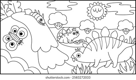 Vector horizontal black and white scene with stegosaur and his baby eating leaves. Dinosaur line landscape illustration. Cute prehistoric mom and baby coloring page with waterfall
