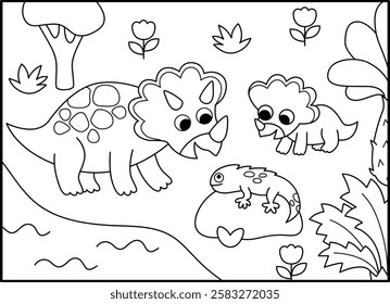 Vector horizontal black and white scene with triceratops and his baby looking at lizard. Dinosaur line landscape illustration. Cute mom and baby prehistoric coloring page with forest, trees, river
