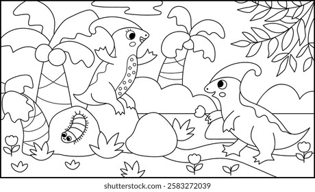 Vector horizontal black and white scene with parasaurolophus bringing flower to his girlfriend. Dinosaur line landscape illustration. Cute prehistoric coloring page with flowers, palm trees
