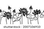 Vector horizontal black and white seamless border with lotus flowers silhouettes.