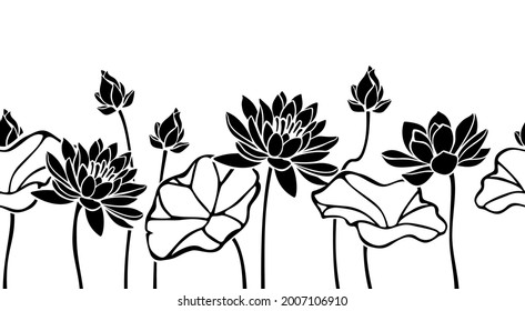 Vector horizontal black and white seamless border with lotus flowers silhouettes.