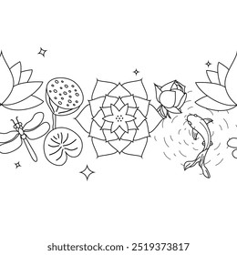 Vector horizontal black and white seamless border with lotus flowers silhouettes.