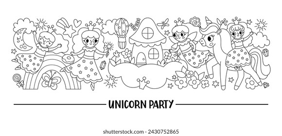 Conjunto de vectores horizontales en blanco y negro con lindos personajes para unicornio o fiesta de princesa. Diseño de plantilla de tarjeta de línea de cuento de hadas para banners, invitaciones. Página para colorear el borde de Magic fantasy world
