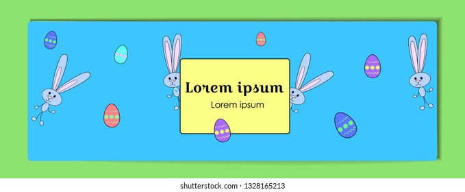 Vector horizontal blue banner for Happy Easter with painted eggs and a rabbit. Cartoon Bunny and eggs with a floral pattern. Holiday template for sale banner, for design cover, booklet.