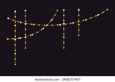 Vector horizontal border of abstract gold string light garlands. Festive decoration with shiny Christmas lights. Glowing bulbs of the different sizes.