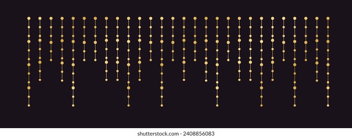 Vector horizontal border of abstract gold string light garlands. Festive decoration with shiny Christmas lights. Glowing bulbs of the different sizes.