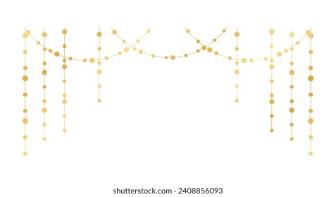Vector horizontal border of abstract gold string light garlands. Festive decoration with shiny Christmas lights. Glowing bulbs of the different sizes.