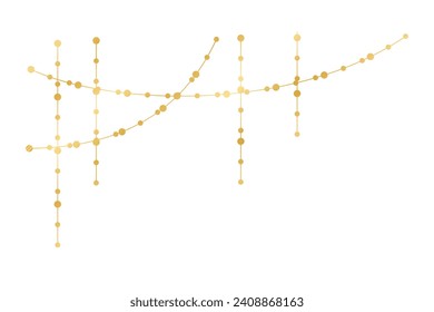 Vector horizontal border of abstract gold string light garlands. Festive decoration with shiny Christmas lights. Glowing bulbs of the different sizes.