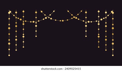 Vector horizontal border of abstract gold string light garlands. Festive decoration with shiny Christmas lights. Glowing bulbs of the different sizes.