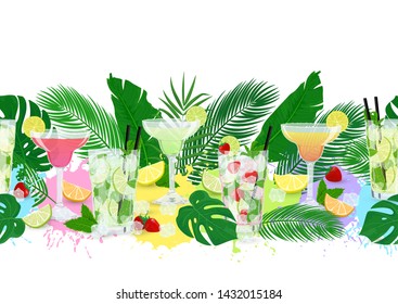 Vector horizontal border with cocktails, citrus fruits and tropic leaves. Seamless pattern with Classic Mojito, Strawberry Mojito, Margarita, lemonade on colorful tropic background for bar, design.