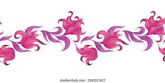 Vector horizontal border with fantastic flowers isolated from background. Fairy tale blossom frieze. Frame with sketched fabulous curled pink flowers and violet stems with foliage 