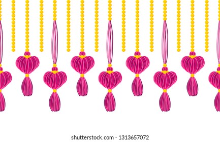 Vector horizontal border pattern. Dangling tassels with hearts, yarn treads with beads