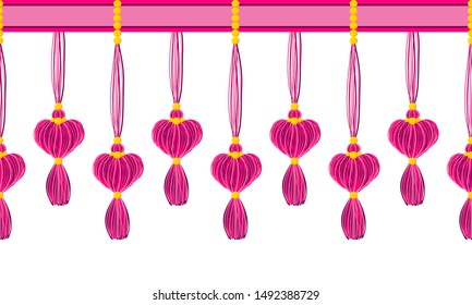 Vector horizontal border pattern. Dangling tassels with hearts, yarn treads with beads, ropes. Crimson Pink, rose colors on black background. Wedding, Valentine day, love theme design for header