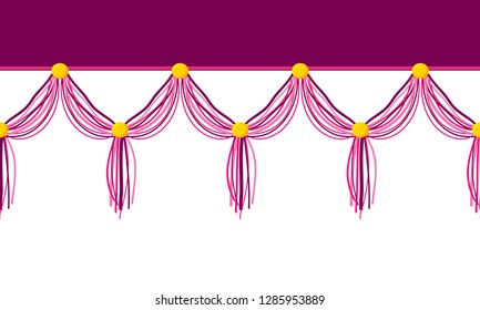 Vector horizontal border pattern. Simple abstract design. Dangling curtain tassels from yarn, treads with beads. Shades of pink crimson color, perfect for kids room, greeting cards, celebrating design