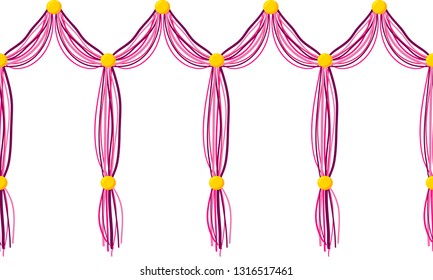 Vector horizontal border pattern. Simple abstract design. Dangling curtain tassels from yarn, treads with beads. Shades of pink crimson color, perfect for kids room, greeting cards, celebrating design