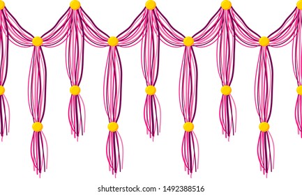 Vector horizontal border pattern. Simple abstract design. Dangling curtain tassels from yarn, treads with beads. Shades of pink crimson color, perfect for kids room, greeting cards, celebrating design