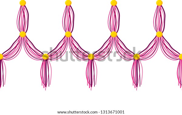 Vector horizontal\
border pattern. Simple abstract design. Dangling curtain tassels\
from yarn, treads with beads.\
