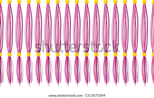 Vector horizontal\
border pattern. Simple abstract design. Dangling curtain tassels\
from yarn, treads with beads. \
