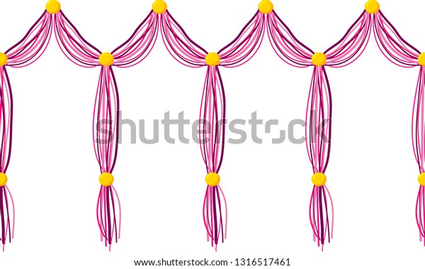 Vector horizontal border pattern. Simple abstract\
design. Dangling curtain tassels from yarn, treads with beads.\
Shades of pink crimson color, perfect for kids room, greeting\
cards, celebrating\
design