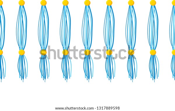 Vector\
horizontal border pattern. Simple abstract design. Dangling curtain\
tassels from yarn, treads with beads. Shades of blue color, perfect\
for kids room, greeting cards, celebrating\
design