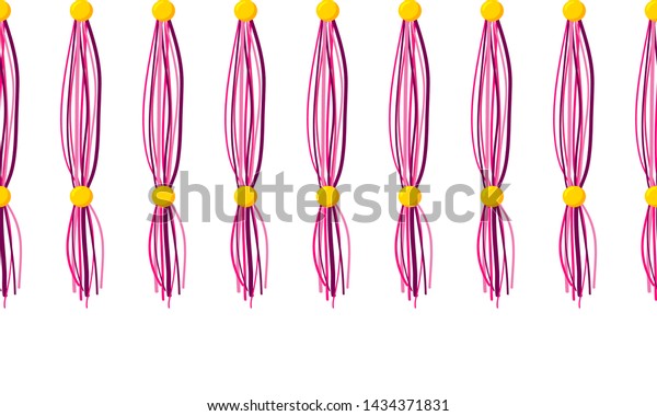 Vector horizontal border pattern. Simple abstract\
design. Dangling curtain tassels from yarn, treads with beads.\
Shades of pink crimson color, perfect for kids room, greeting\
cards, celebrating\
design