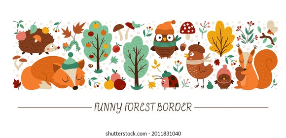 Vector horizontal border set with cute animals and autumn forest elements. Thanksgiving card template design with woodland characters, birds, insects. Funny fall border with hedgehog, fox, squirrel.
