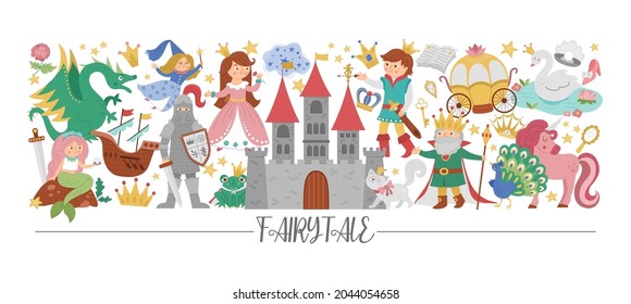Vector horizontal border set with cute fairy tale characters and objects. Fairytale card template design with princess and prince. Cute fantasy castle or kingdom border with magic elements
