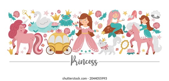 Vector Horizontal Border Set With Cute Fantasy Princess, Unicorn And Fairytale Elements. Medieval Fairy Tale Card Template Design With Cute Magic Characters. Funny Magic Storybook Border 
