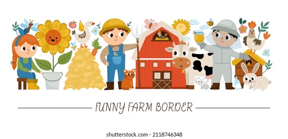 Vector horizontal border set with cute farmers and animals. Rural country card template design with farm characters. Cute countryside border with cow, sunflower, hen, beekeeper, milkmaid
