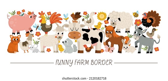 Borde horizontal vectorial con lindos animales de granja, aves, insectos. Diseño de plantillas de tarjetas rurales con caracteres de país. Frontera rural con vaca, gallina, cerdo, cabra, oveja, caballo
