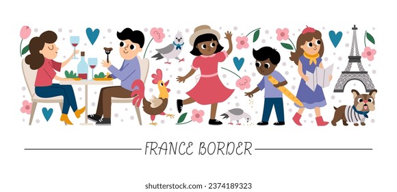 Borde horizontal vectorial con franceses. Diseño de plantillas de tarjetas de Francia con caracteres bonitos. Frontera divertida con mujeres y hombres comiendo, pichón alimentando a los niños, chica con mapa, Torre Eiffel
