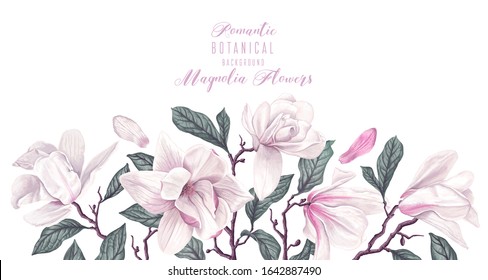Vector horizontal border with white magnolia flowers and leaves isolated on white background. Spring theme background, vector, botanical floral design in realistic style. Greeting, invitation card.