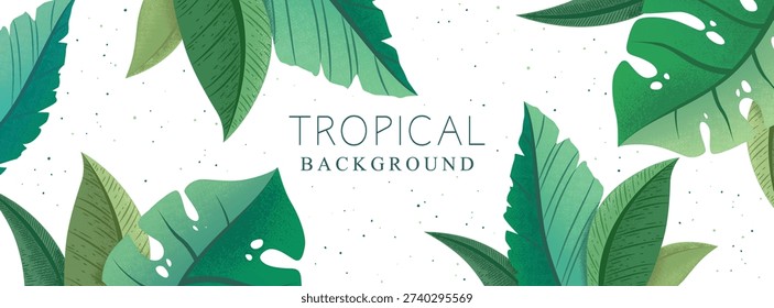Vector horizontal botanical background with green trendy exotic palm and monstera leaves isolated on white background. Design for print, fabric, invitation, brochure, card, cover, wallpaper