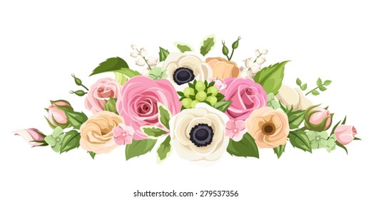 Vector horizontal bouquet of pink, orange and white roses, lisianthus and anemone flowers and green leaves isolated on a white background.