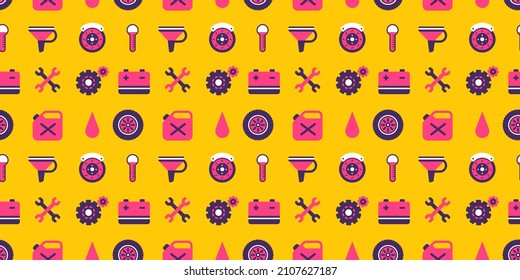 Vector horizontal bright illustration of different car equipment on yellow color background. Flat line art style design of car part seamless pattern for web, site, banner, print, textile