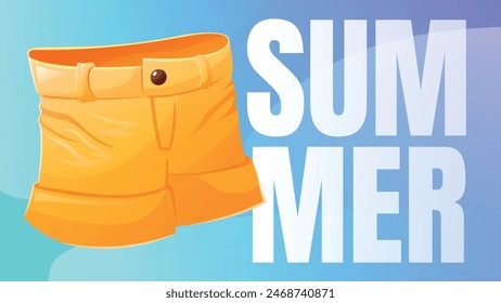 Vector horizontal bright summer banner. Cartoon illustration of women's yellow shorts.