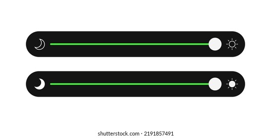 Der horizontale Schieberegler der Vektorhelligkeit wird eingestellt. Dunkler, heller Kontrollschirm. Tag, Nachttisch. UI Web-Mock-up Sonne und Mond-Line-Switch. Abstrakte Smartphone-Schnittstelle. Schaltet das flache Symbol ein. Moderne App-Bar