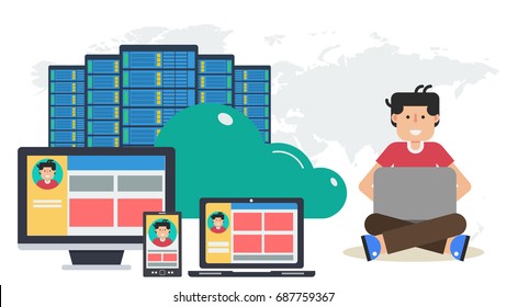 Vector horizontal business banner. Concept of cloud storage and safe data keeping on server. Various computers and man user sitting with laptop in flat style