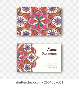 Plantilla de tarjeta de visita Horizontal de Vector con patrón de mandala. Diseño oriental redondo en colores naranja y azul. Tarjeta de visita adornada colorida aislada. Bueno para salón de belleza, yoga y estudio de masaje