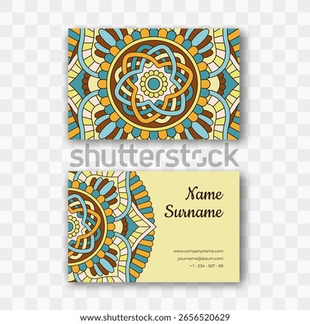 Vector horizontal business card template with mandala pattern. Round oriental layout in yellow and blue colors. Isolated colorful ornate visiting card. Good for beauty salon, yoga and massage studio