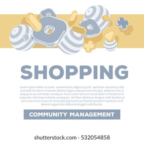 Vector horizontal business template with golden and silver 3d elements on white background with title, text and slogan. Creative concept design of on line shopping for web advert, site, print document