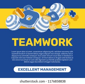 Vector horizontal business template with title, slogan and golden, silver 3d elements on blue color background. Creative teamwork concept design for web, site, banner