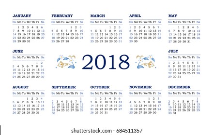 Vector horizontal calendar for 2018 on white background with elegant vignettes. Floral decor and simple calendar grid. Template with week starts Sunday.