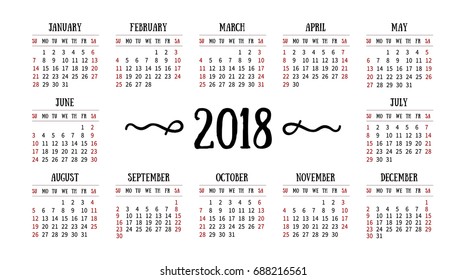 Vector horizontal calendar for 2018 on white background with elegant vignettes. Floral decor and simple calendar grid. Template with week starts Sunday.