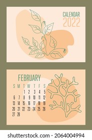  Vector horizontal calendar 2022 with abstract sapes and plants in trendy contemporary collage style. Week starts in Sunday. Cover and page February in size A3, A4, A5. Design in pastel colors. EPS10.
