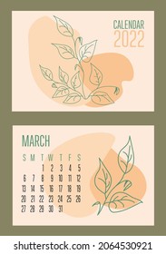 Vector horizontal calendar 2022 with abstract sapes and plants in trendy contemporary collage style. Week starts in Sunday. Cover and  page of March in size A3, A4, A5. Design in pastel colors. EPS10.