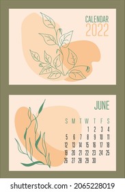  Vector horizontal calendar 2022 with abstract sapes and plants in trendy contemporary collage style. Week starts on Sunday. Cover and page June in size A3, A4, A5. Design in pastel colors. EPS10.