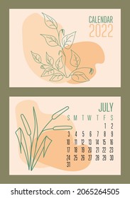 Vector horizontal calendar 2022 with abstract sapes and plants in trendy contemporary collage style. Week starts on Sunday. Cover and page July in size A3, A4, A5. Design in pastel colors. EPS10.